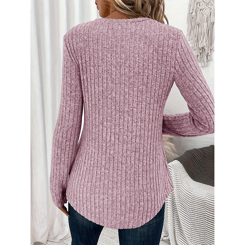 Women's Long Sleeves Ribbed Knit Tunic Shirts V Neck Button Down Slim Fit Blouses Tops