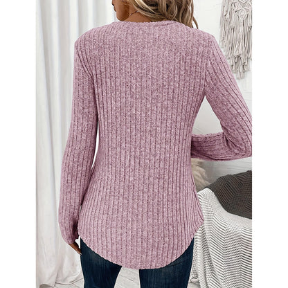 Women's Long Sleeves Ribbed Knit Tunic Shirts V Neck Button Down Slim Fit Blouses Tops