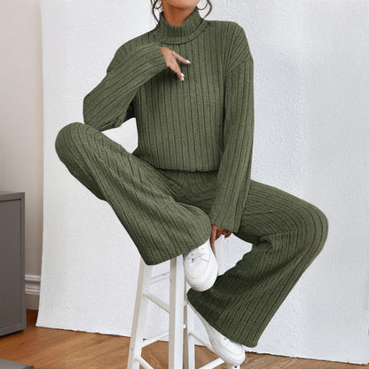 Women's Solid Color 2-Piece Set High Neck Long Sleeve Top & Pants, Striped Loungewear