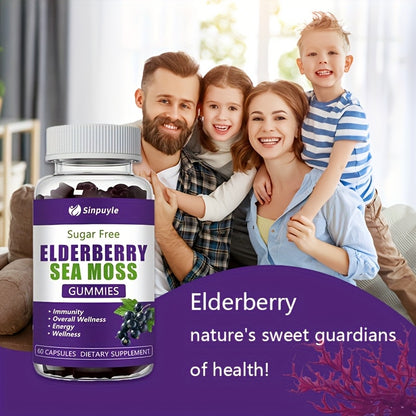 Sugar-free elderberry sea moss gummies bottle with purple label and white cap, Sinpuyile.