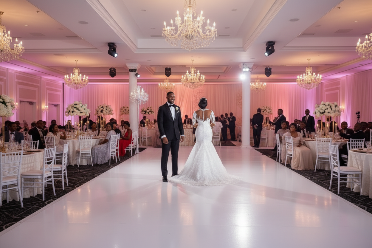 Long-sleeve mermaid white wedding dress with lace bodice, long sleeves, and full skirt