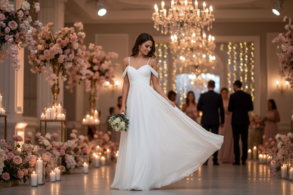 Off-shoulder chiffon A-line pleated bridesmaid dress, white, with draped neckline