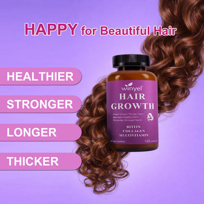 Hair growth supplement bottle next to long wavy hair, amber bottle with black cap