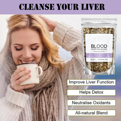 Blood purifying blend loose-leaf tea pouch beside a mug, tea leaves visible