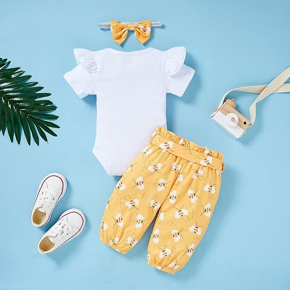 Infant Baby Girl Sweet Bee Outfits Letter Print Romper Honey Bees Pants Bowknot Headband Clothes Set