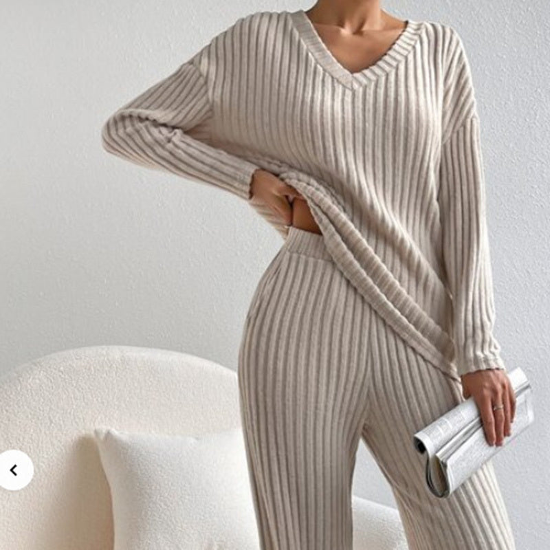 Women's 2-Piece Set Solid Color V-Neck Long Sleeve Top & Straight Leg Pants, Ribbed Texture Outfit
