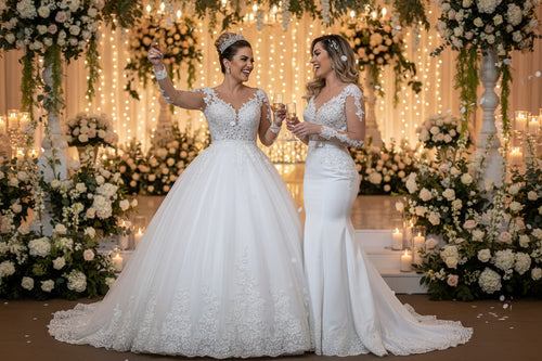 White long-sleeve lace applique A-line wedding dress with V-neck bodice and full skirt
