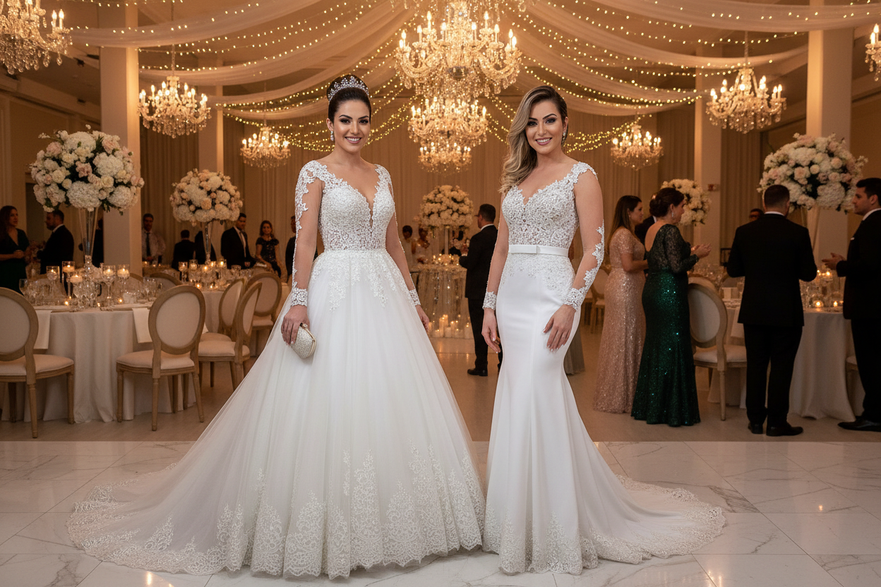 Two women in white lace long-sleeve wedding dresses with fitted bodices and full skirts