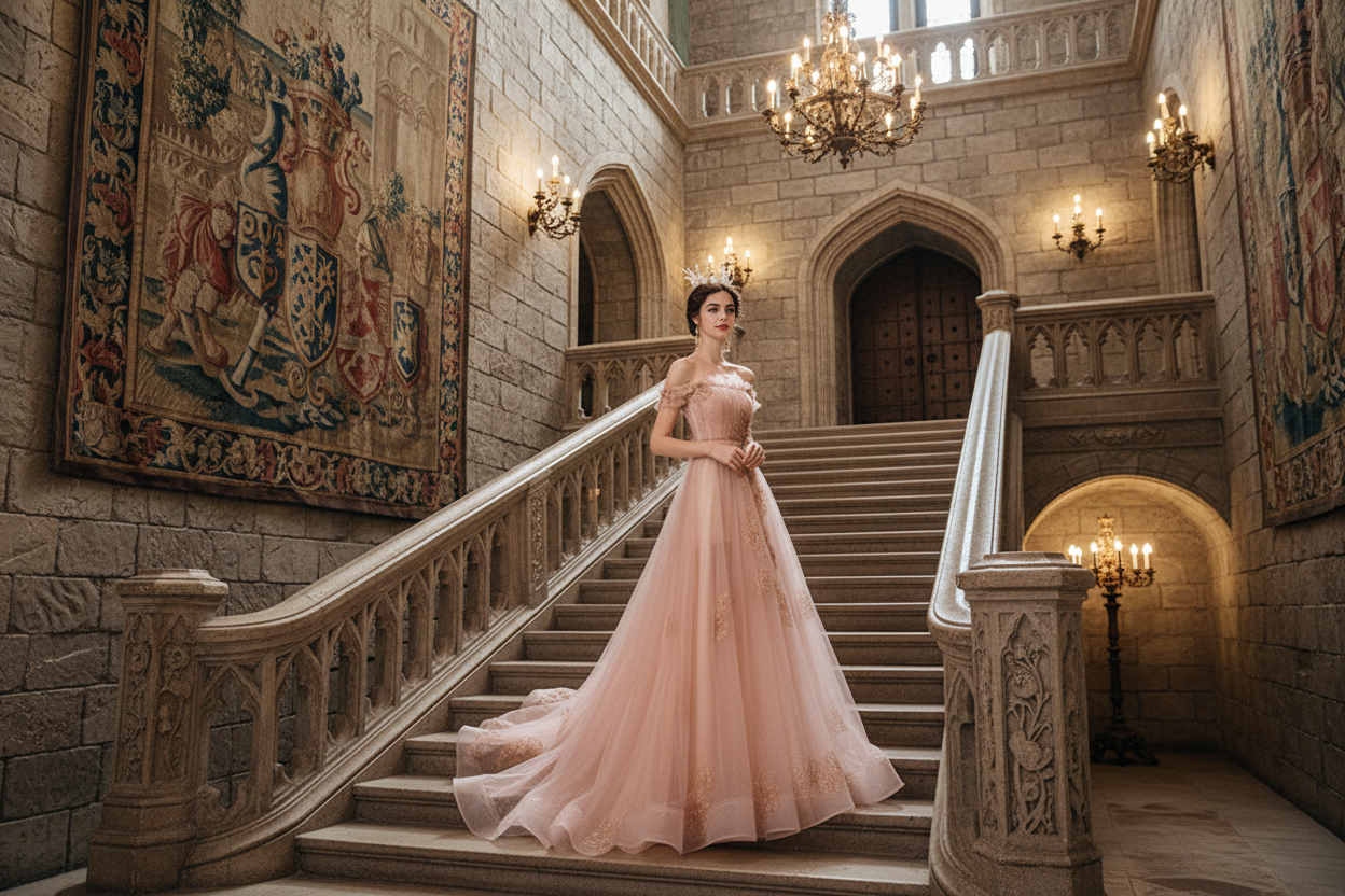 Blush off-shoulder tulle ball gown with fitted waist and full skirt
