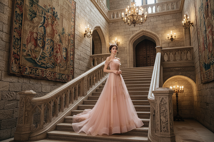 Blush off-shoulder tulle ball gown with fitted waist and full skirt