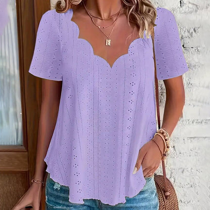Women's Summer Scallop Trim V Neck Eyelet T-Shirt Short Sleeve Top Dressy Casual Tunic Blouses