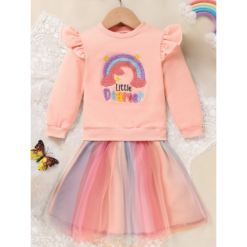 Baby Girls Skirt Set Letters Embroidery Long Sleeve Sweatshirt Tops & Rainbow Tutu Skirt Outfits
