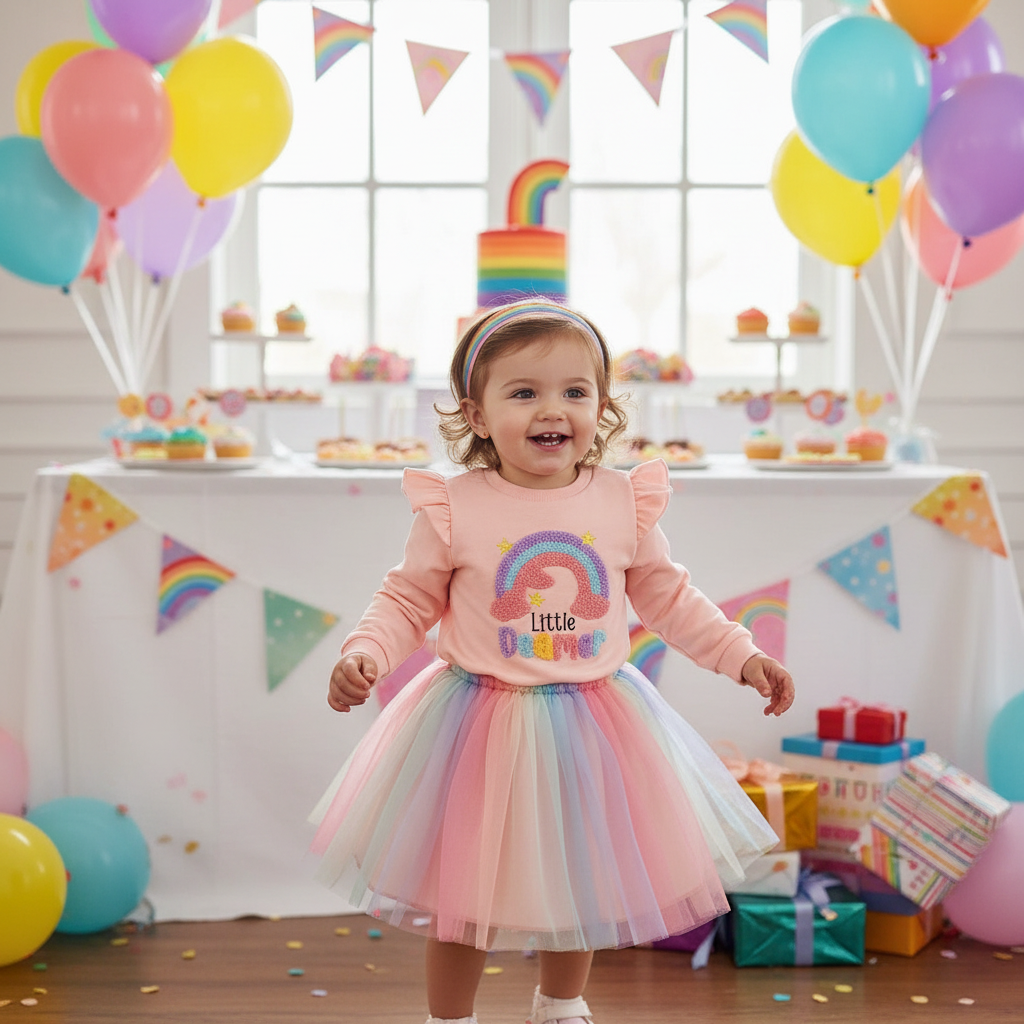 Baby Girls Skirt Set Letters Embroidery Long Sleeve Sweatshirt Tops & Rainbow Tutu Skirt Outfits