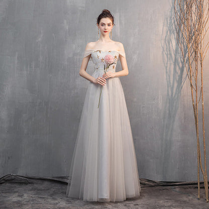 Champagne Gray Off-shoulder Slim-fit Bridesmaid Dress