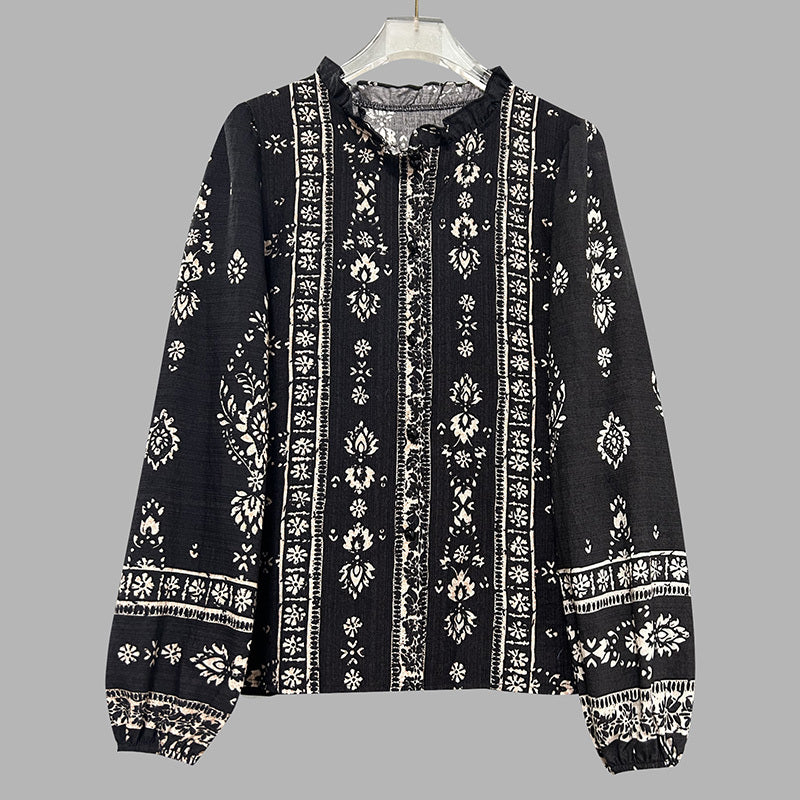 Women's Elegant Printed Blouse - Flowy Boho Shirt With Lantern Sleeves & Lace Trim, Vintage Ethnic Style Loose Top