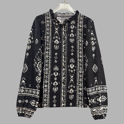 Women's Elegant Printed Blouse - Flowy Boho Shirt With Lantern Sleeves & Lace Trim, Vintage Ethnic Style Loose Top
