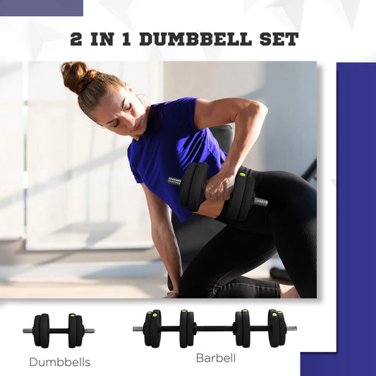 Adjustable dumbbell and barbell weight set with black plates and green accents