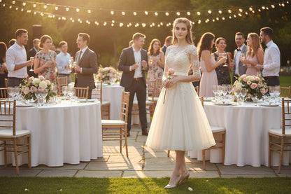 Slim bridesmaid dress with lace bodice and long sheer sleeves, fitted waist, A-line tulle skirt