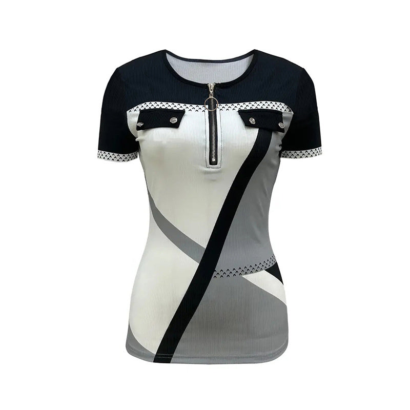 Women's Color Block Zipper T-Shirt, Casual Short Sleeve Summer Top