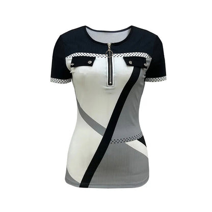 Women's Color Block Zipper T-Shirt, Casual Short Sleeve Summer Top