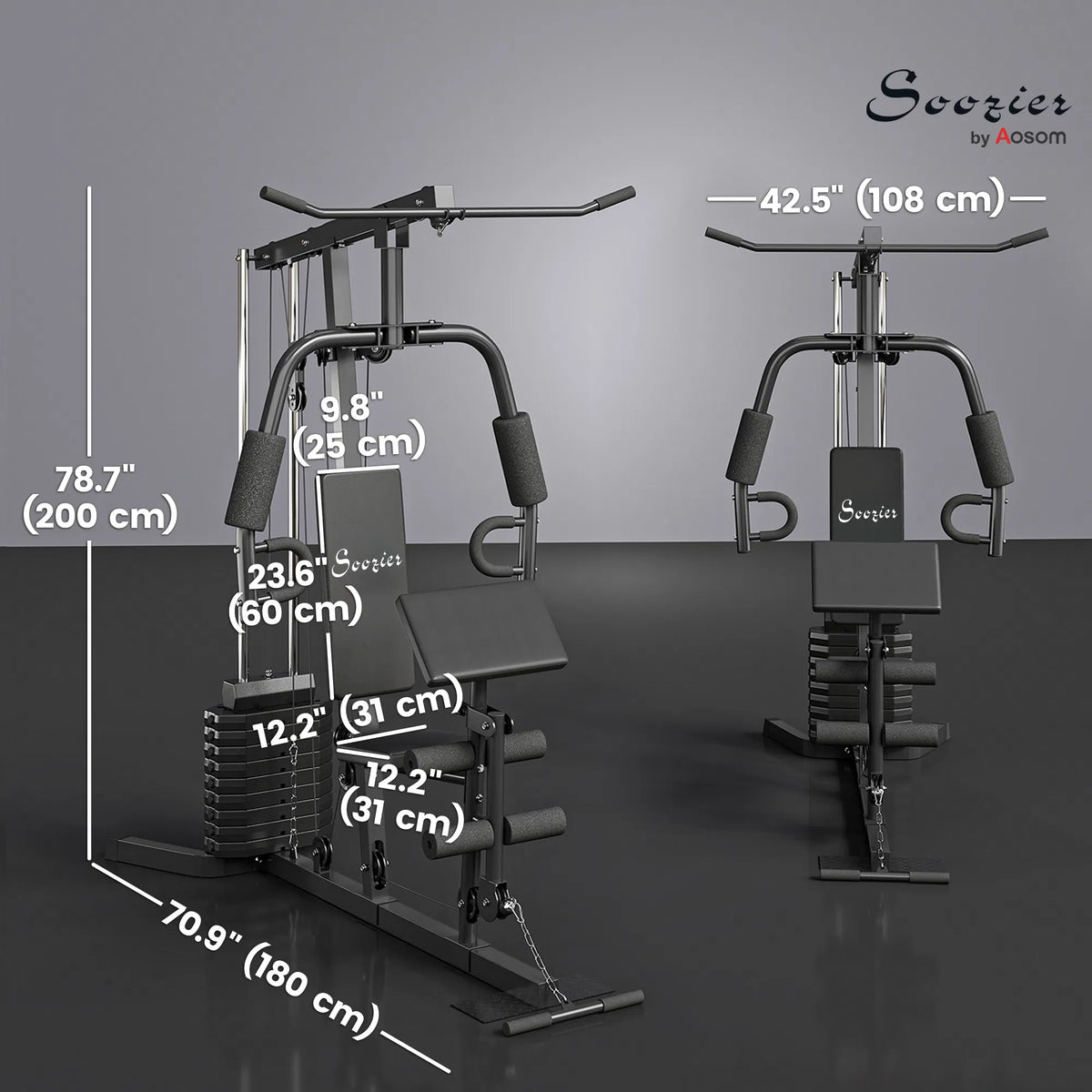 Black multi-exercise home gym station with dimensions, weight stack, and dual arm handles
