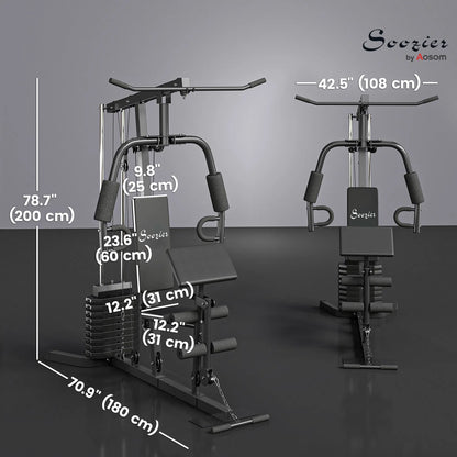 Black multi-exercise home gym station with dimensions, weight stack, and dual arm handles