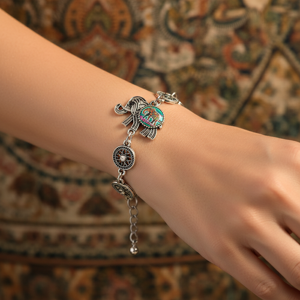 Elephant charm silver bracelet with linked charms and oval clock face