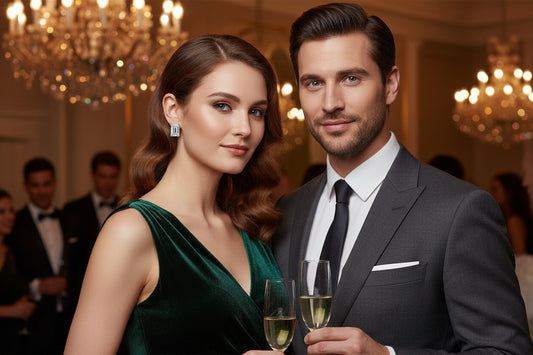 Silver-tone rectangular diamond stud earrings on model’s ear