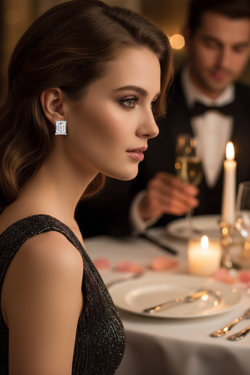 Rectangular diamond stud earrings on ear, close-up side portrait
