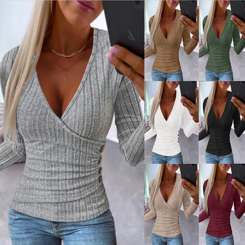 Slim-fit knit pullover with V-neck and long sleeves, gray striped texture