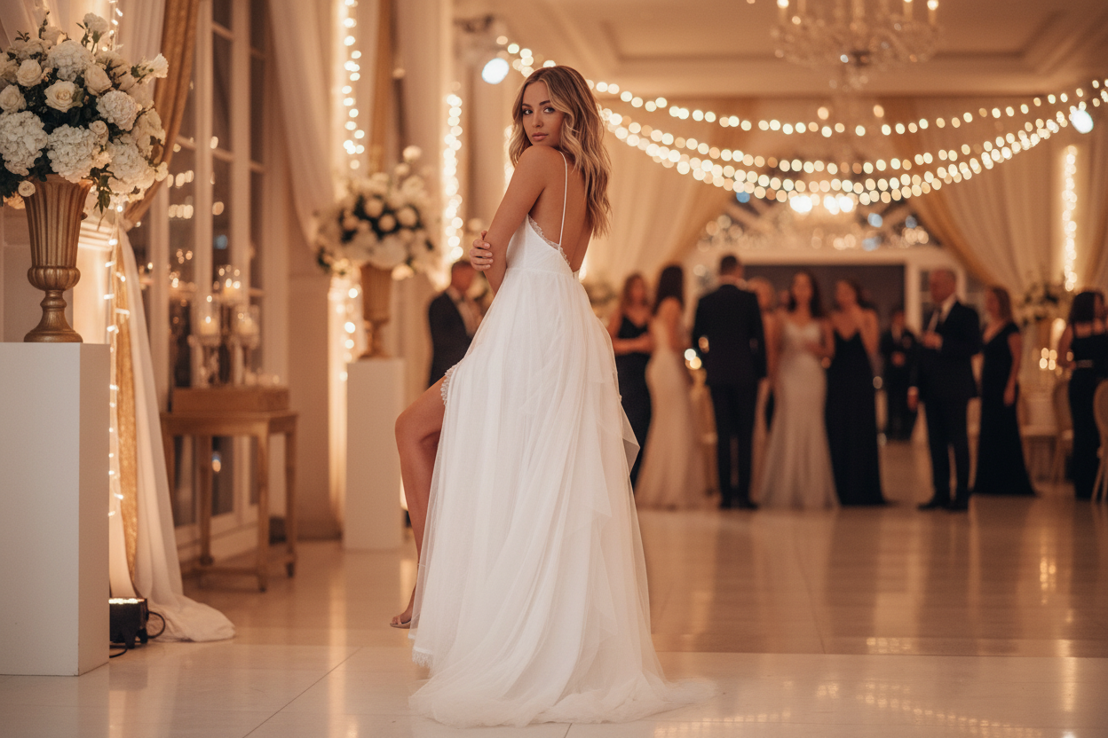 White sleeveless swing dress with lace bodice, V front, and layered tulle skirt