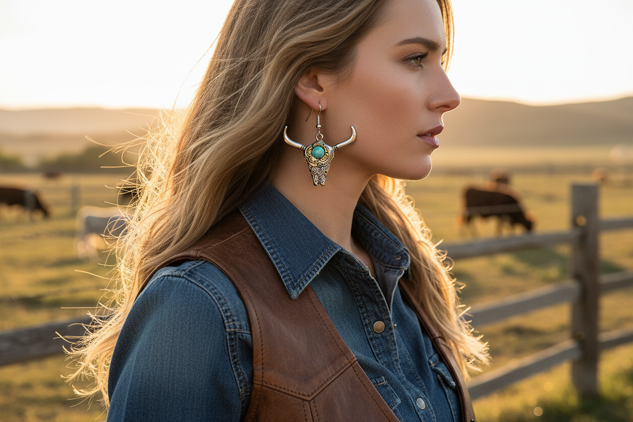 Turquoise horn earrings with silver-tone curved horns and dangling base