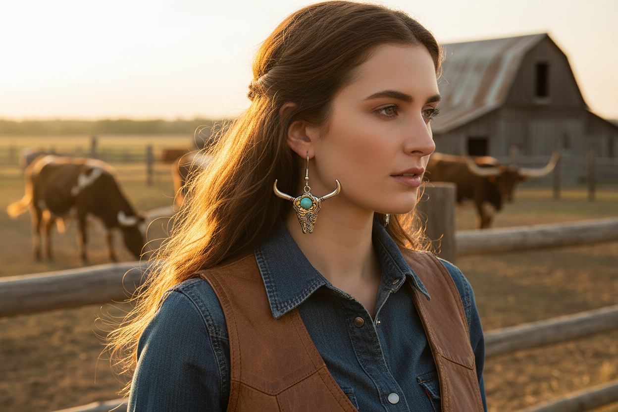 Turquoise horn earrings with silver-tone hooks and ornate horn-shaped drops