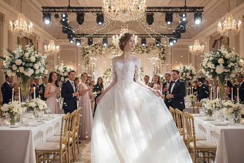 White lace-sleeve wedding dress with fitted bodice and flowing tulle skirt
