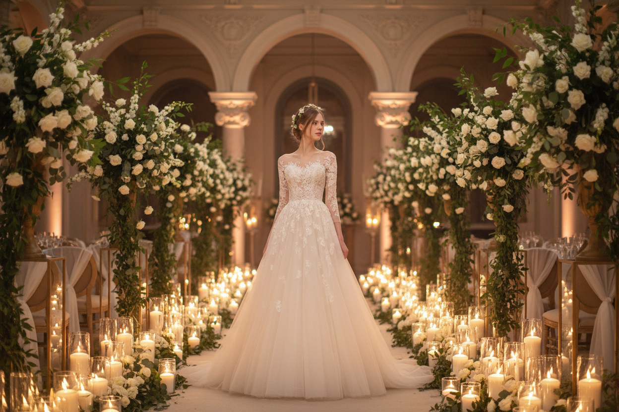 White wedding dress with lace sleeves, fitted bodice, and full tulle skirt