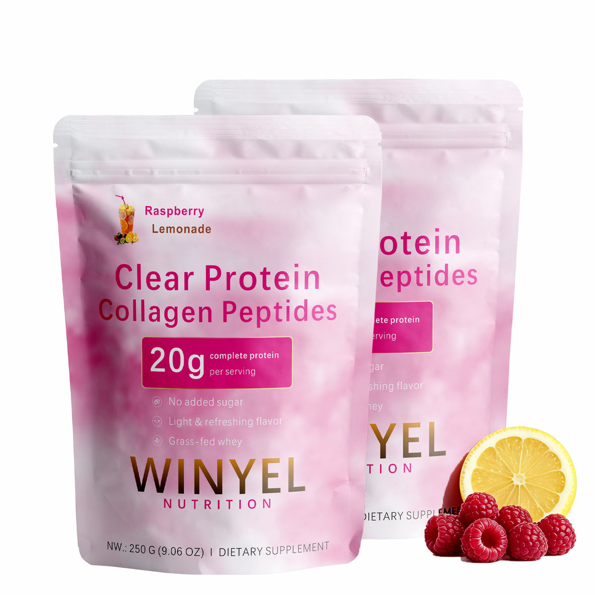 WINYEL clear protein collagen peptides pouches, raspberry lemonade, zero sugar, 250 g