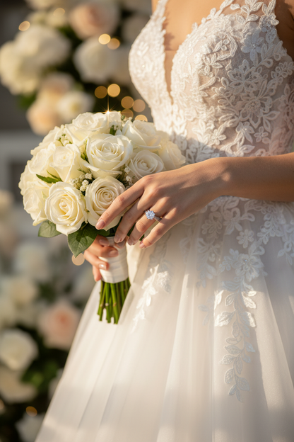 Silver moissanite halo ring with round center stone on hand holding bouquet