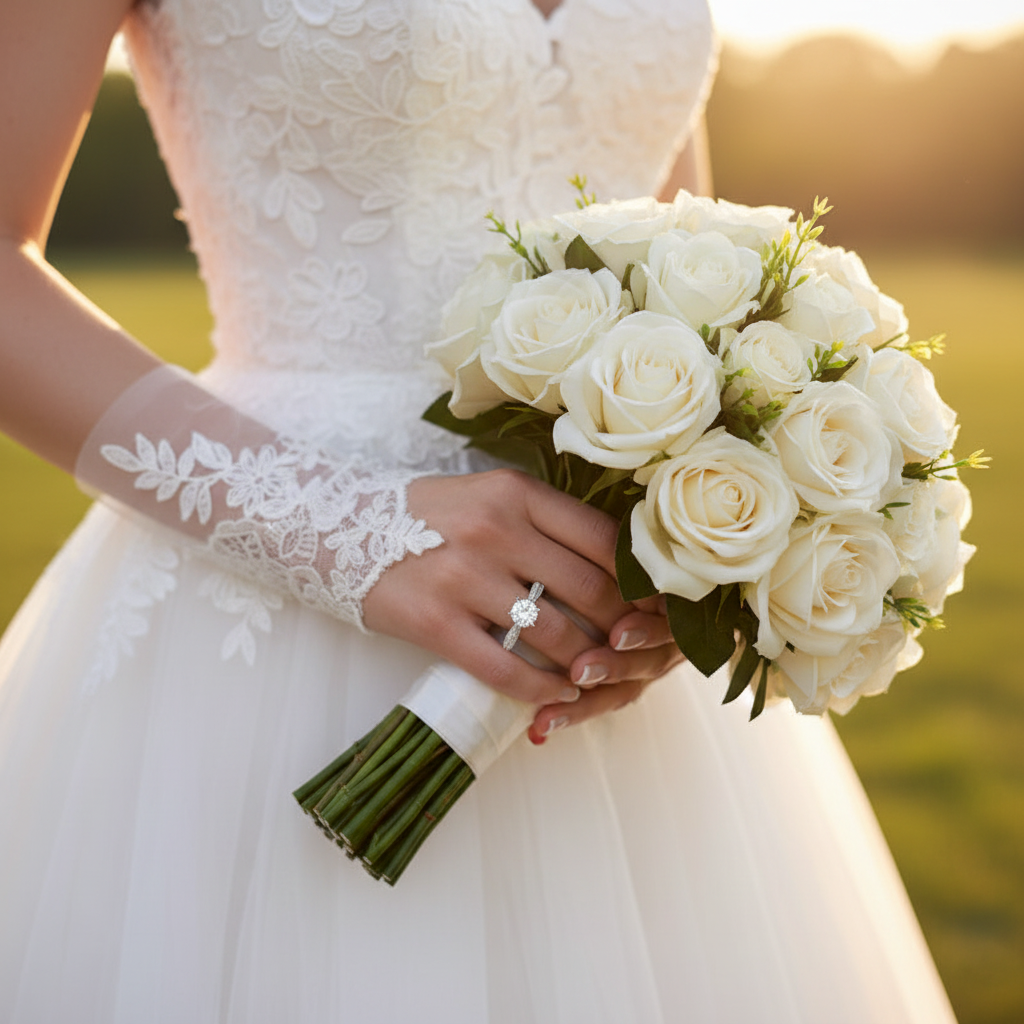 Silver moissanite halo ring with round center stone on hand holding rose bouquet