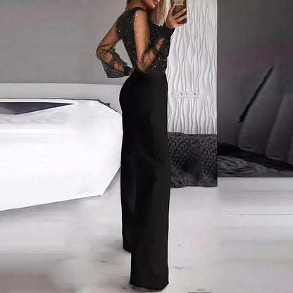 Women's Sexy Solid Color Deep V-Neck Tulle & Sequin Straight Leg Jumpsuit With Pockets