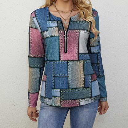 Ladies' V-neck Zipper Decoration Geometric Print Fashionable Casual T-shirt Top