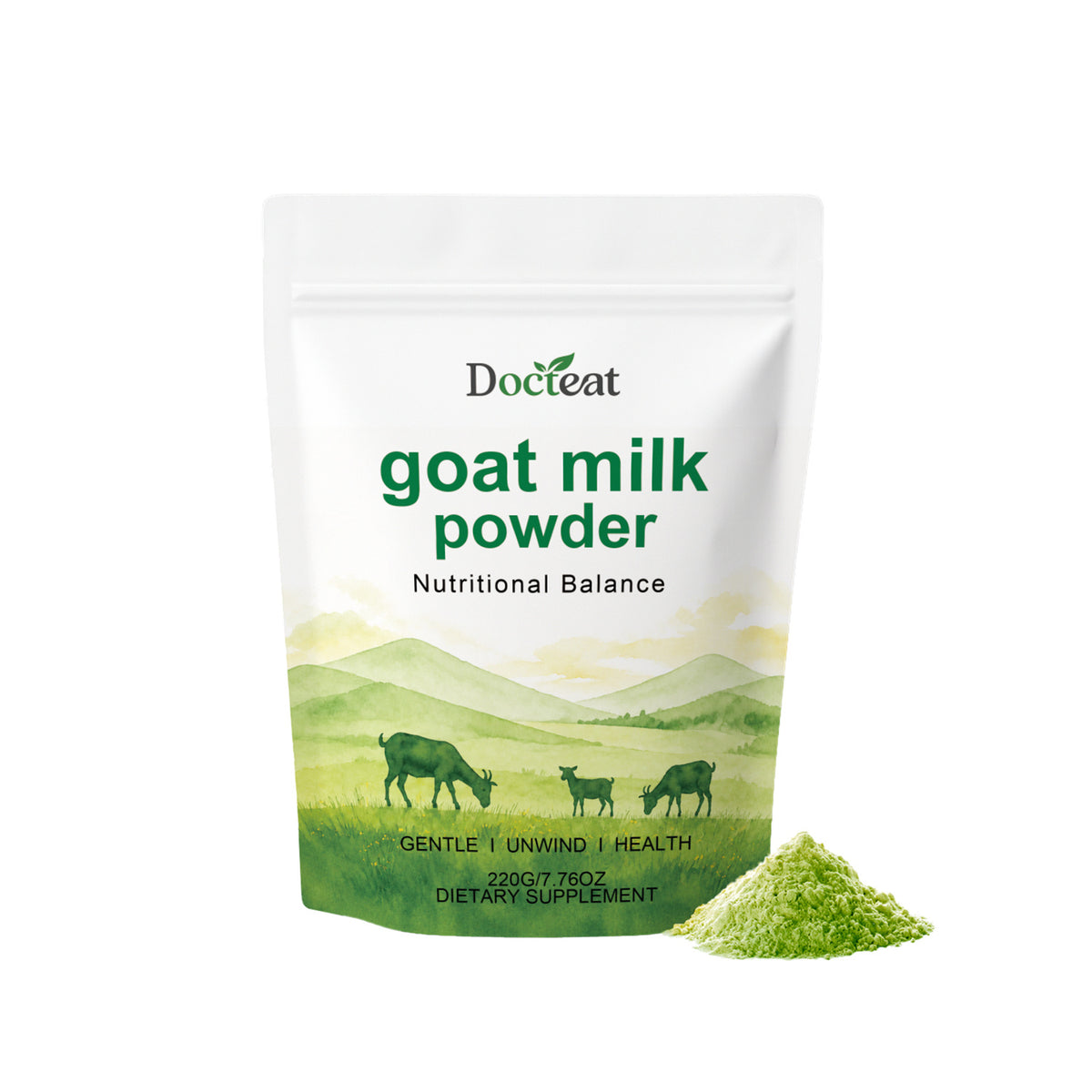 Docteat goat milk powder supplement pouch with green powder scoop