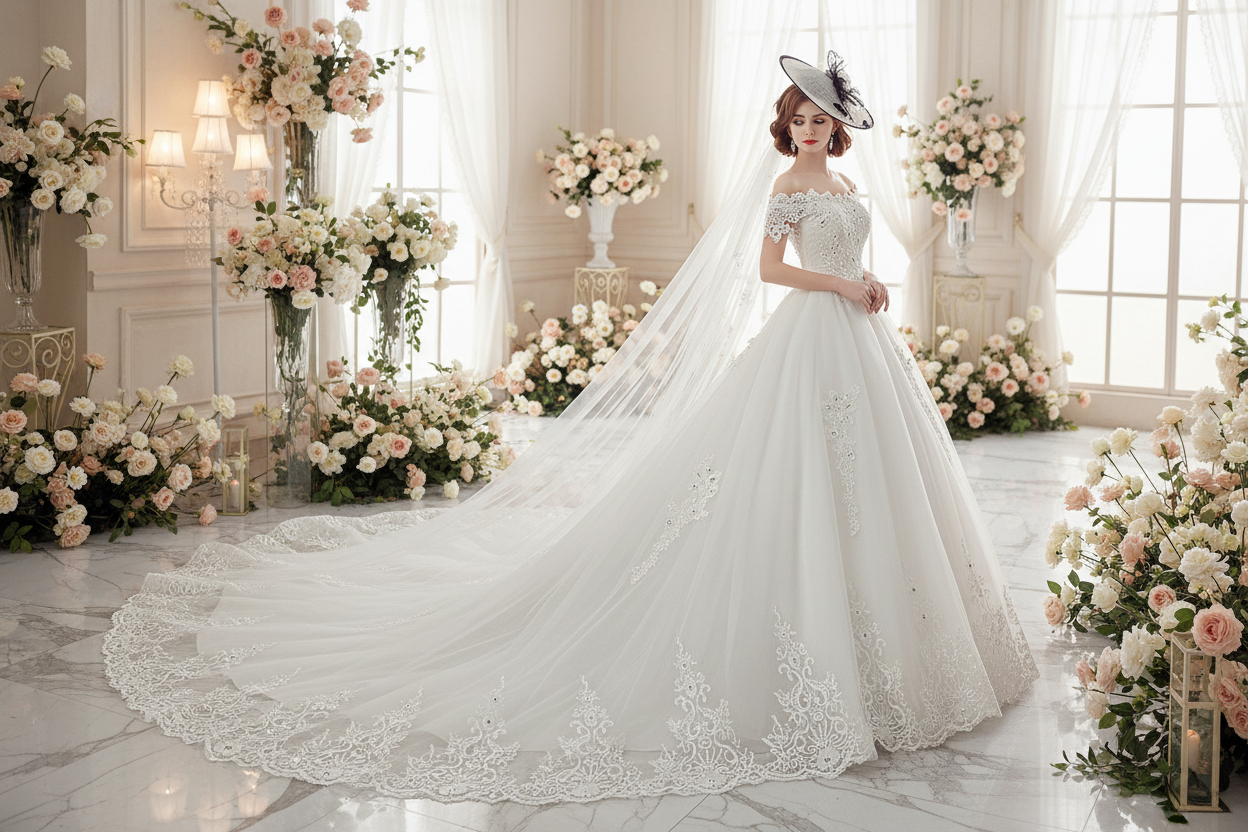 White one-shoulder lace wedding dress with short sleeves and long flowing veil train