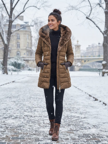 Hooded quilted puffer jacket, brown, faux-fur hood trim and long sleeves.