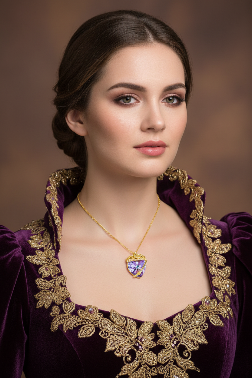 Gold-tone heart pendant necklace with crown detail and purple-blue crystal