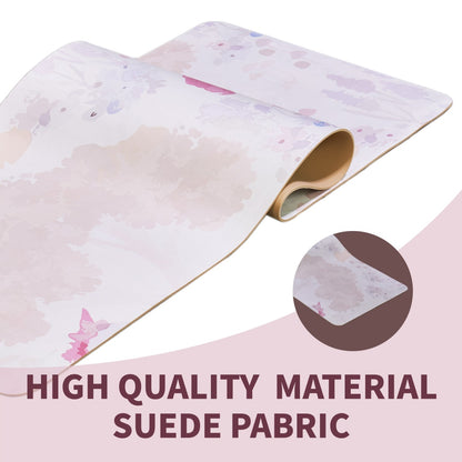 Pink floral print yoga mat close-up, suede-texture surface and rolled edge