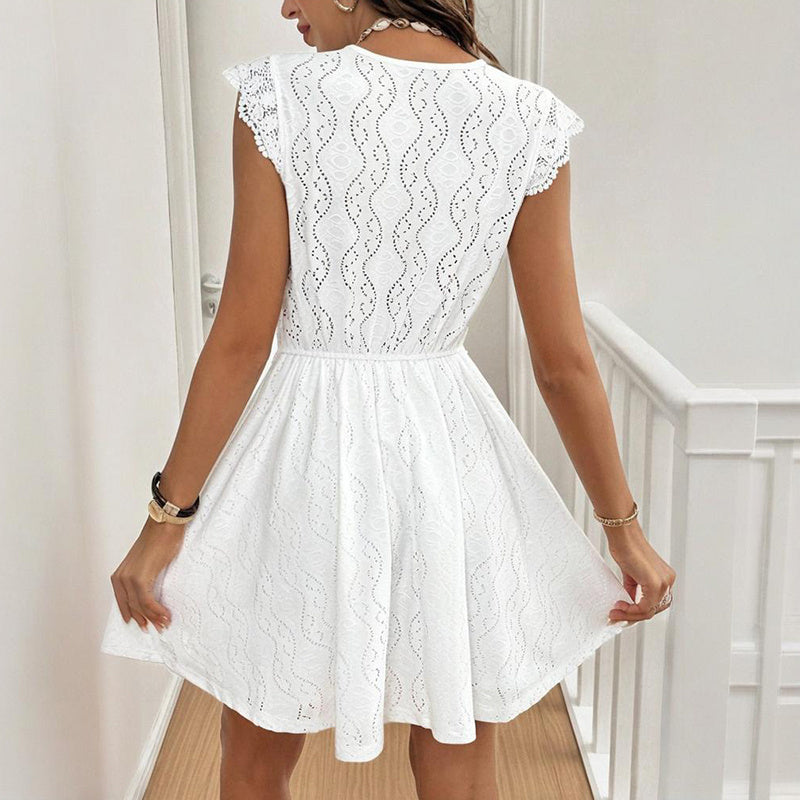 Women's V-Neck Solid Color Short Sleeve With Lace Trim - Summer Sexy Vacation Dress