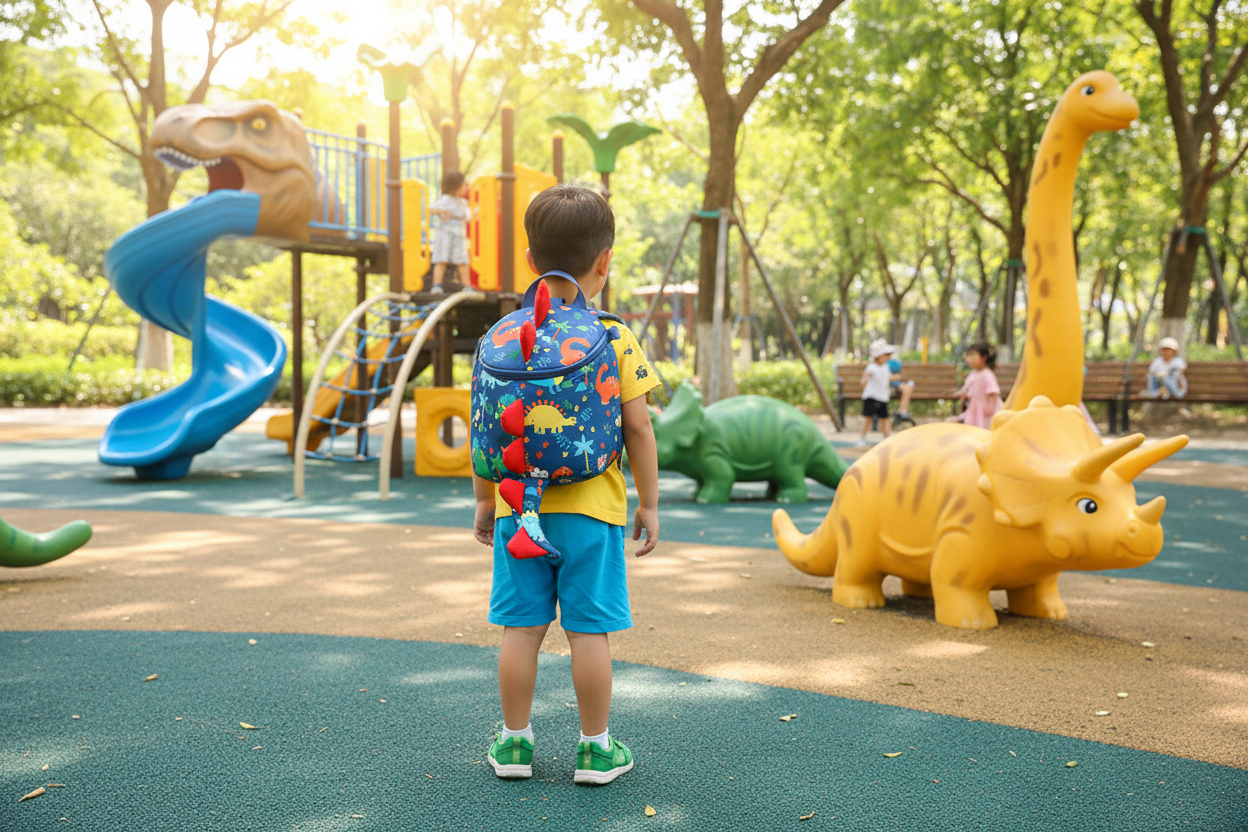 Kids small backpack with blue cover, colorful dinosaur print, and red plush antler detail