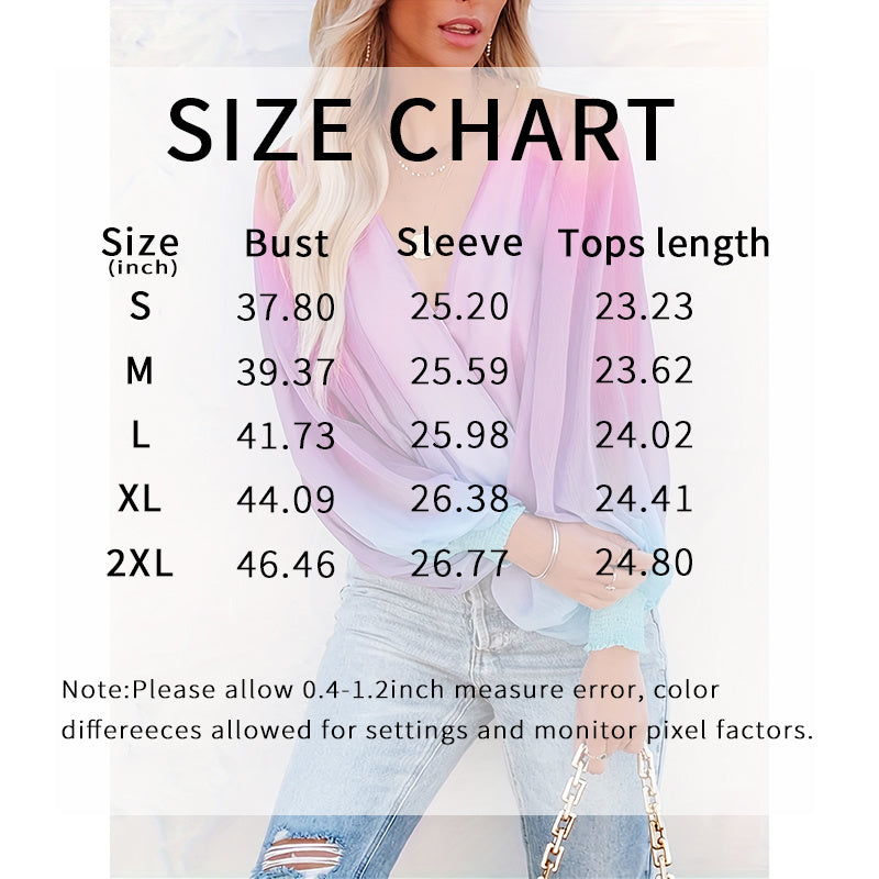 Womens V Neck Gradient Color Long Sleeve Tops 2025 Summer Casual Loose Puff Sleeve Chiffon Shirts