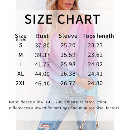 Womens V Neck Gradient Color Long Sleeve Tops 2025 Summer Casual Loose Puff Sleeve Chiffon Shirts