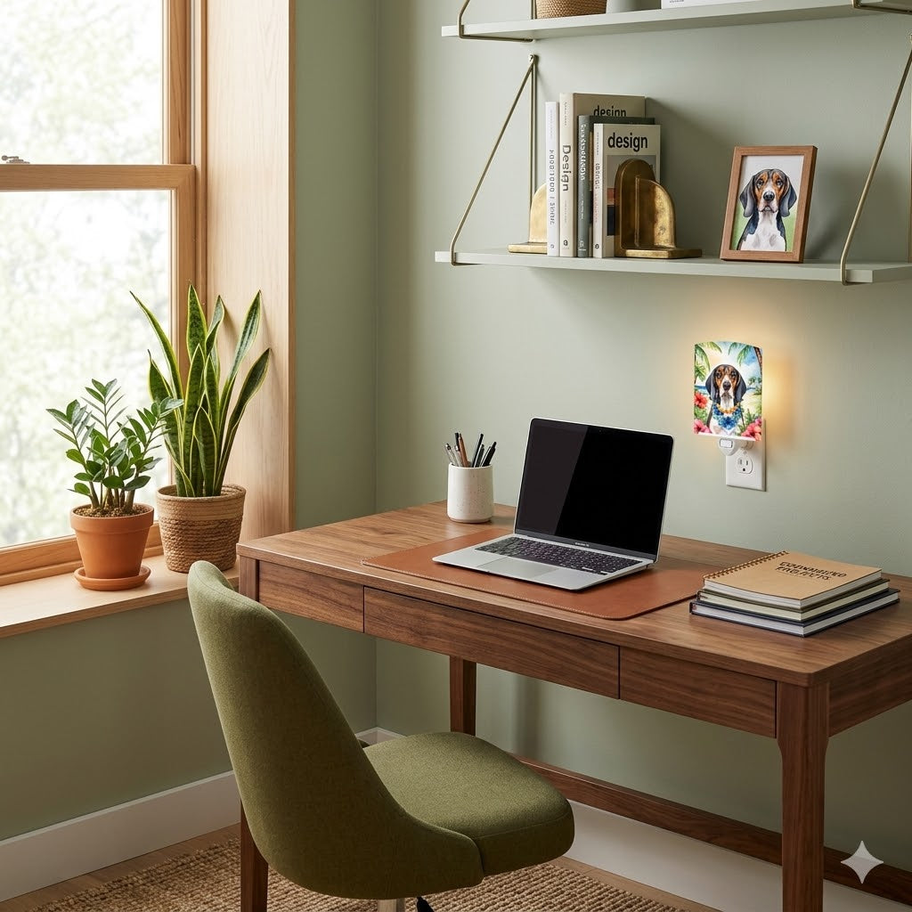Wall-mounted ceramic night light with dog illustration above desk outlet
